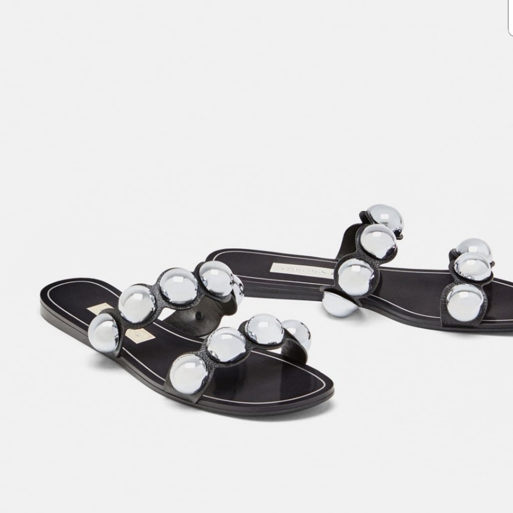 Zara Black Silver Two Strap Metallic Detail Sandal NWOT